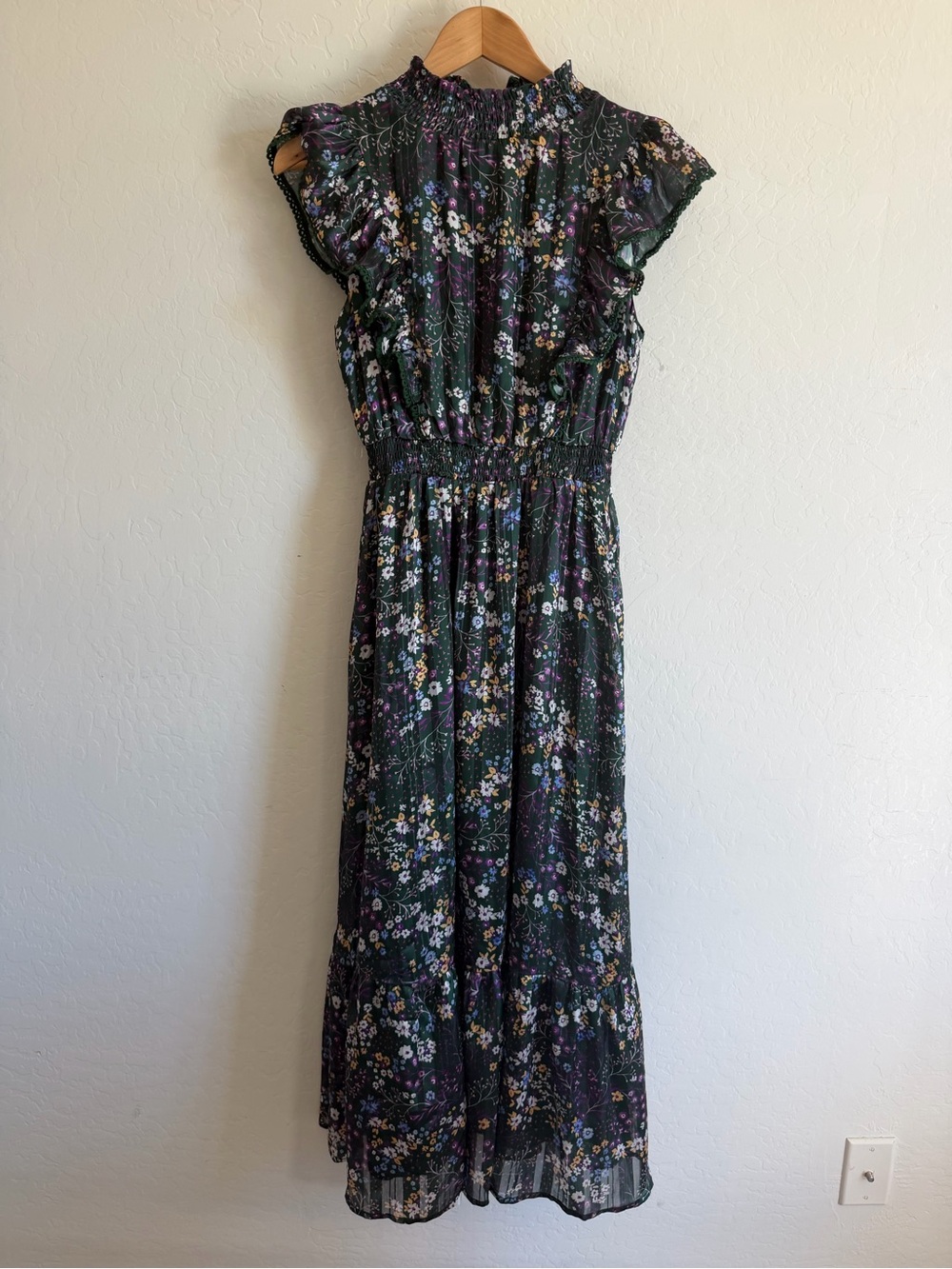 Lost + Wander Dark Green Floral Smocked High Neck Ruffle Midi Dress XS